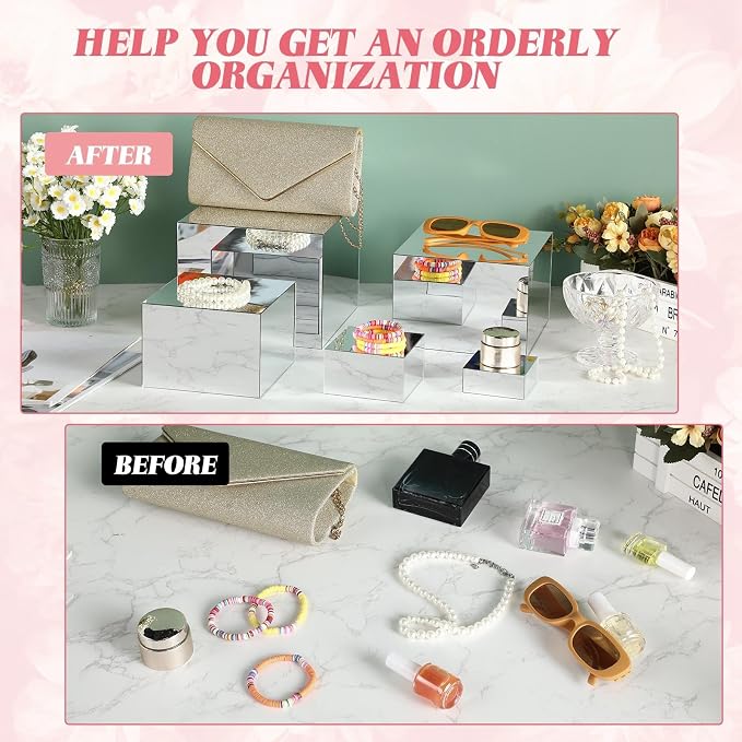 Geelin 6 Pack Acrylic Risers for Display Acrylic Cube Boxes Risers Display Stands with Hollow Bottoms Decorative Stand for Jewelry Candy Table Decor 6 Sizes(Silver,3 to 8 Inch,Square)
