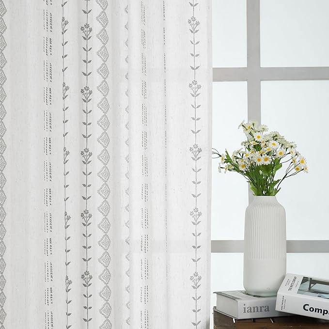 Light Gray Farmhouse Curtains for Bedroom Living Room,Grey and White Sheer Linen Stripe Curtains 96 Inch Long 2 Panel Set