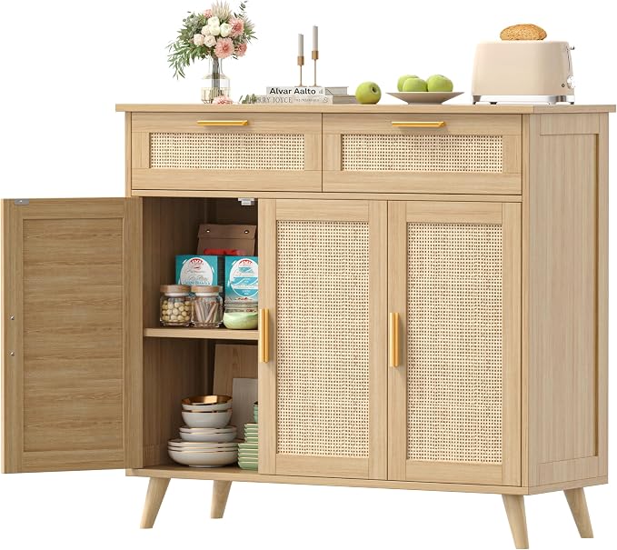 Akxomel Rattan Sideboard Buffet Cabinet with Storage, 35.4" W Buffet Cabinet with 2 Drawers and 3 Doors, Sideboard Storage Cabinet with Adjustable Shelves for Kitchen, Living Room, Natural Oak