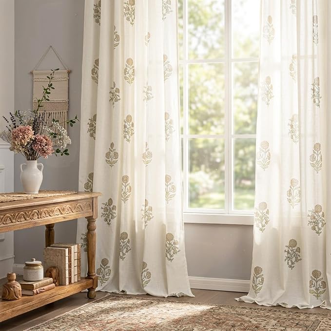 French Country Floral Linen Curtains for Living Room Dining Room, 84 Inch Neutral Farmhouse Pinch Pleated Drapes, Light Filtering Sheer Block Print Vintage Botanical Patterned Curtain for Bedroom