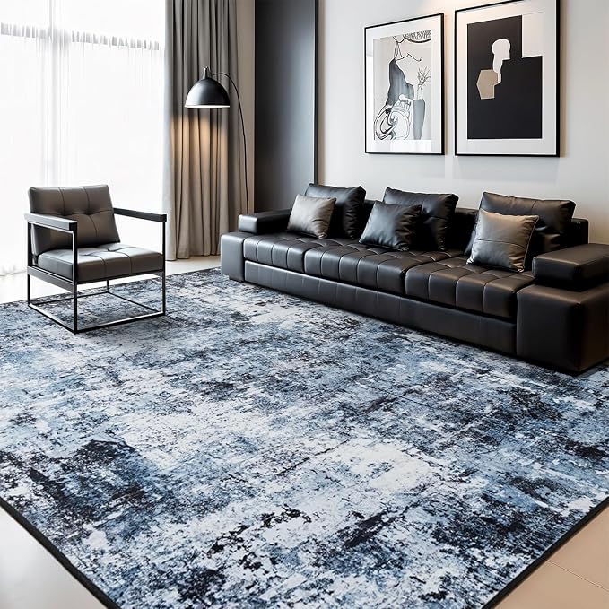 Rugflix 10x14 Area Rugs for Living Room, Washable Large Rug Stain-Resistant Low Pile, Modern Dark Carpet for Dining Room Home Office Kid Room Nursery Bedroom, Navy Blue/Black