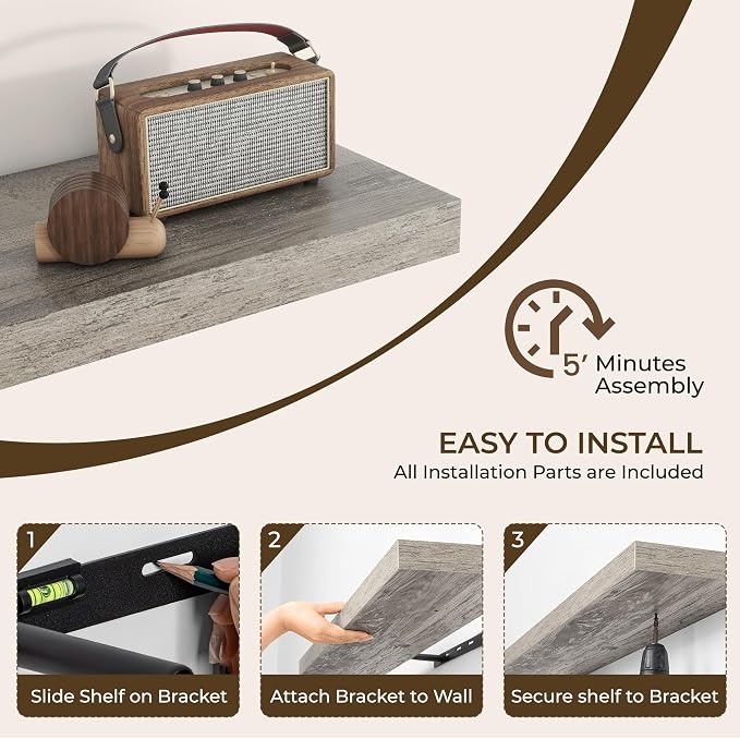 RICHFOCUS 8 Inch Floating Shelves for Wall Small Square Shelves Set for Bedroom|Kitchen|Bathroom|Laundry Room Rustic Wood Wall Mounted Shelf with Invisible Brackets for Books|Storage|Decor, Grey
