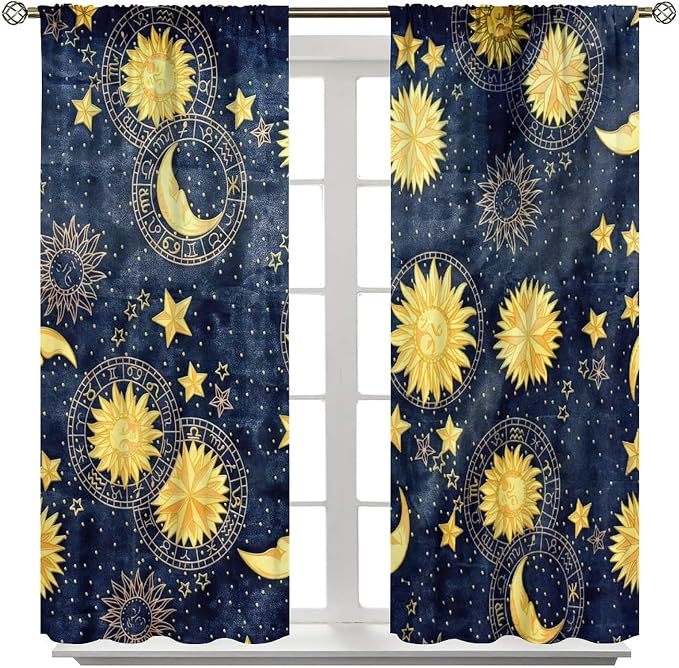Boho Sun Moon Blackout Window Curtains, Bohemian Golden Sun Moon Stars Print Rod Pocket Window Drapes, for Living Room Bedroom 42x45in 2 Panels