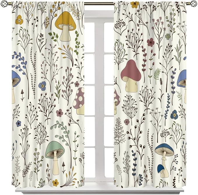 Mushroom Curtains,Colorful Plant Forest Botanical Print Window Treatments for Bedroom Living Room Kitchen Cartoon Herbs Floral Window Drapes 2 Panels Set,Total Size 63 x 63 Inch