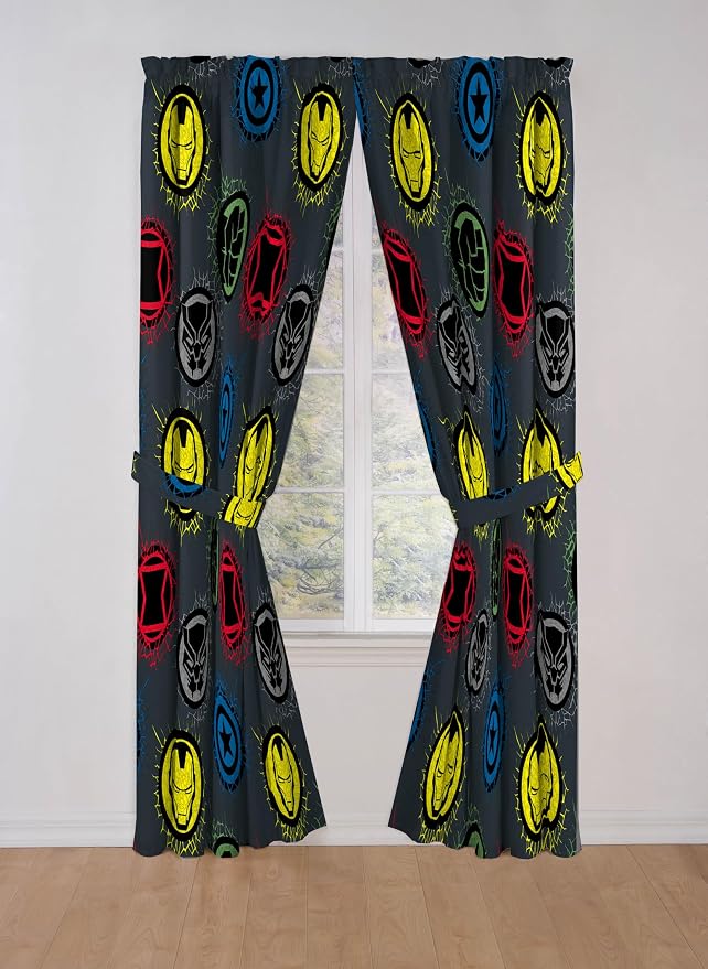 Jay Franco Window Curtains for Kids Bedroom 4-Piece Drape Set with 2 Tiebacks, Grey - Marvel Comics, 42" W x 84" L (Pack of 2)