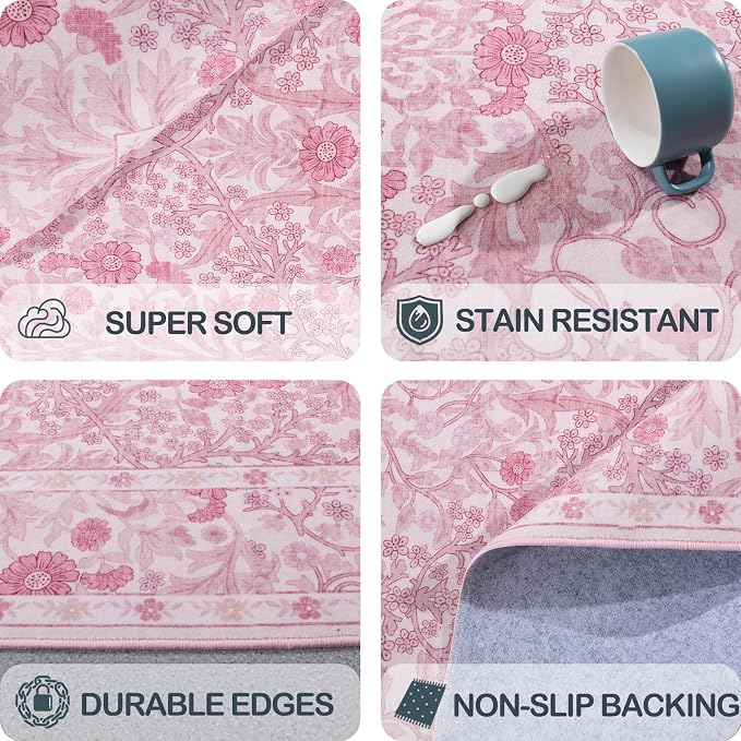 Extra Large 10x14 Area Rug for Living Room, Washable Rugs for Dining Room, Bedroom, Non Slip Stain Resistant Carpet, Low Pile Vintage Floral Rug (Pink)