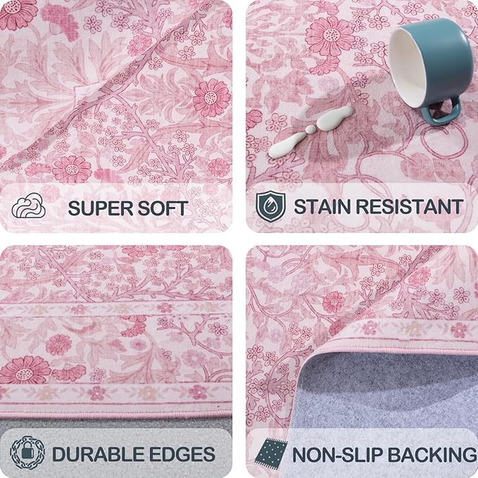 Vintage Pink Living Room Rug, 6x9 Washable Area Rugs for Dining Room Under Table, Soft Low Pile Large Carpet Bedroom, Non-Slip Boho Floral (6 x 9 Pink)