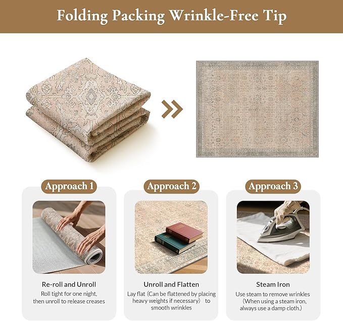 GENIMO 8x10 Area Rugs for Living Room, Machine Washable Non Slip Vintage Rugs, Low Pile Lightweight Chenille Print Rug for Bedroom, Dining Room, Home Office, Oatmeal Beige