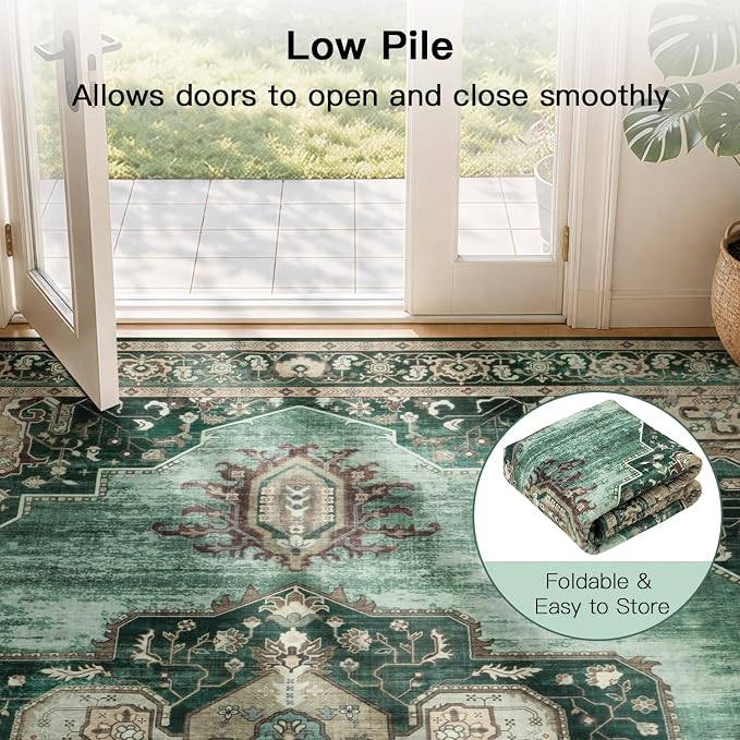 Lofus 8x10 Emerald Green Washable Rugs Non-Slip, Vintage Floral Area Rug for Living Room Bedroom Dining Room Kitchen, Low Pile Distress Print Medallion Carpet Home Decor Rug