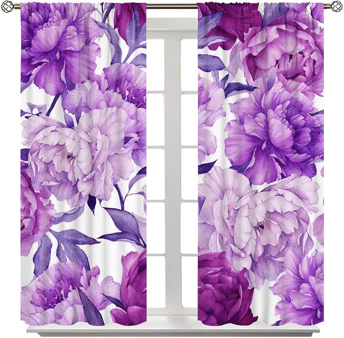 Floral Blackout Window Curtain Purple Blooming Flowers Style Print for Home Kitchen Restaurant Decoration Window Drapes 2Panel 84" W X 84" L