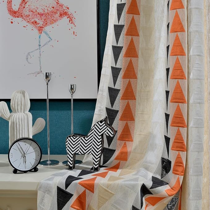 Leeva Geometric Jacquard Curtains with Grommet Top - 52x63 Inch Light Filtering Drapes, Modern Triangle Design for Living Room/Bedroom, Set of 2 Panels, Orange