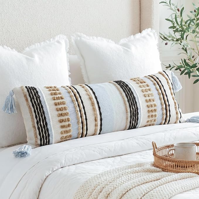 NUYECY Chenille and Cotton Long Pillow for Bed,Striped Textured Boho Long Lumbar Throw Pillow Cover 16x36,Neutral Accent Decorative Extra Long Body Pillow Case for Couch Sofa Bedroom,Khaki