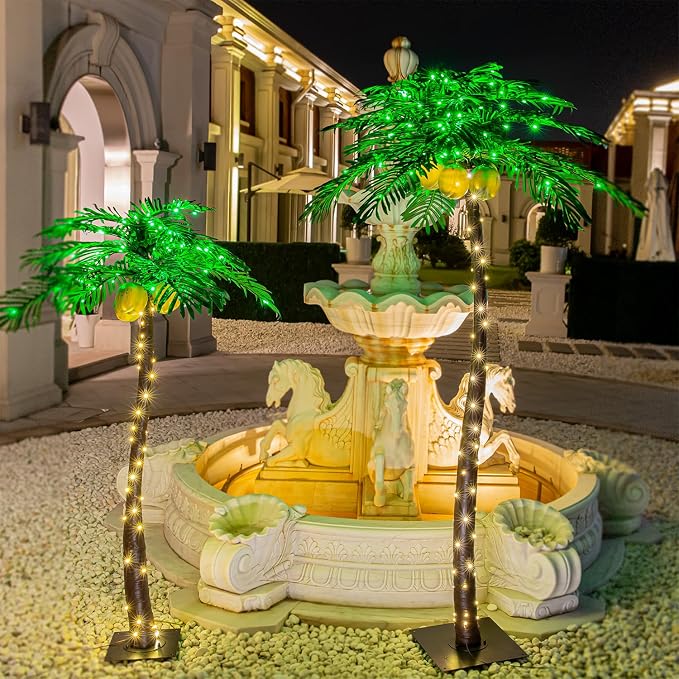 TYBEEU 5ft & 7ft Lighted Palm Tree Set with LEDs & Glowing Coconuts | 136+208 LED Lights | Dimmable | Decorative Artificial Trees | Indoor & Outdoor Use