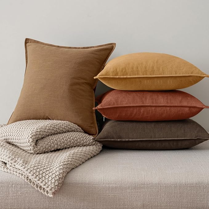 MIULEE Orange Boho Linen Decorative Pillow Covers 18x18 Inch Pack of 4 | Natural Fall Throw Pillow Covers Soft Farmhouse Couch Pillowcases Modern Decor for Living Room Bed Sofa