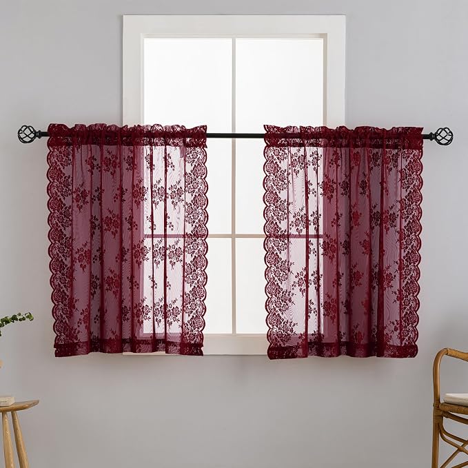 Kotile Burgundy Curtains 45 Inch Length for Kitchen Windows Over Sink 2 Panels Short Lace Curtains Cottage-Core Floral Rod Pocket Light Filtering Privacy Maroon Sheer Window Curtain, W52 x L45 Inch