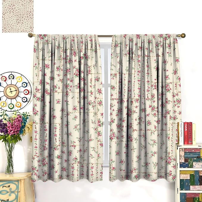 Boho Patchwork Floral Blackout Curtains Yellow Red Farmhouse Patchwork Quilted Country Check Print Window Drapes for Bedroom Living Room Kitchen Cafe (W21xL63 Inch) x2 Panels