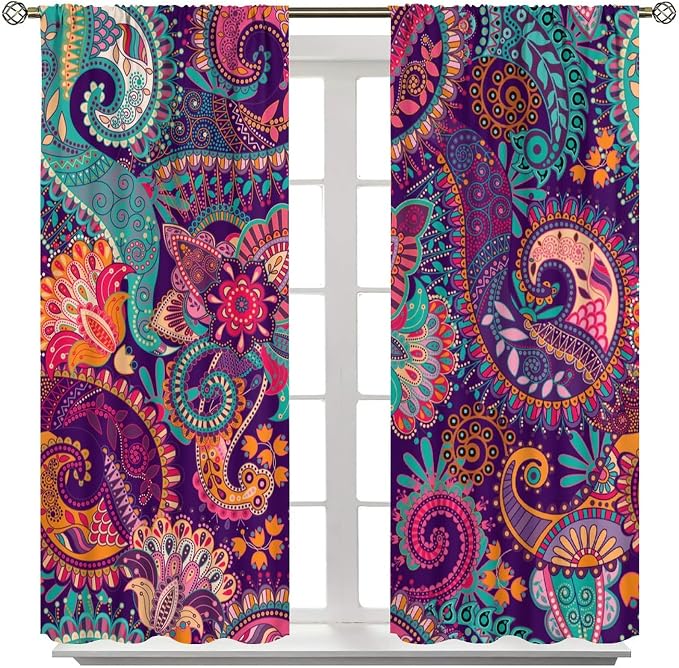 Vintage Bohemian Curtains, Indian Bohemian Mandala Colorful Pattern Blackout Thermal Curtains, Bedroom Living Room Curtains, 2 Panel Set, 42x54 in.