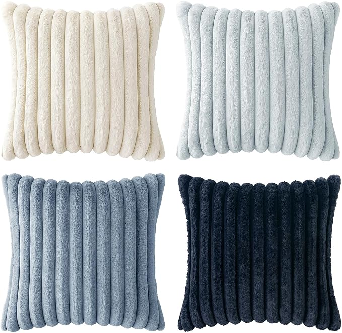 MIULEE Faux Fur Plush Decorative Throw Pillow Covers 18x18 Set of 4, Summer Modern Soft Fuzzy Coastal Striped Cushion Covers for Sofa Couch Bed Living Room Cozy Home Decor,Navy Blue