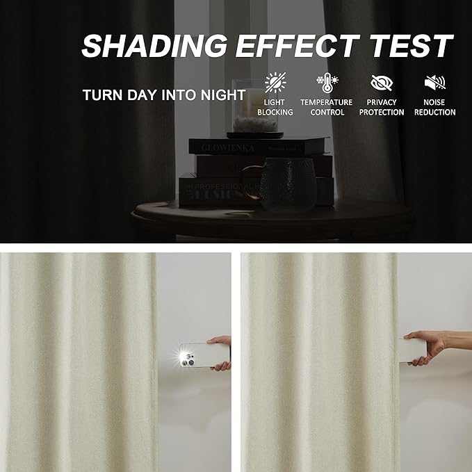 DUALIFE Blackout Pinch Pleated Curtains 132 Inch Long, Linen Blended Farmhouse 100% Blackout Thermal Insulated Back Tab Drapes with Hooks for Track System 2 Panels-Greige/Natural Linen, W40xL132