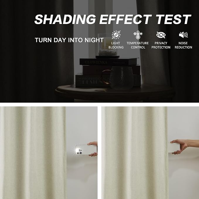 Blackout Pinch Pleated Curtains for Bedroom 95 Inch Length, Linen Blended Farmhouse 100% Blackout Thermal Insulated Back Tab Drapes with Hooks for Track System 2 Panels-Natural Linen, W50xL95