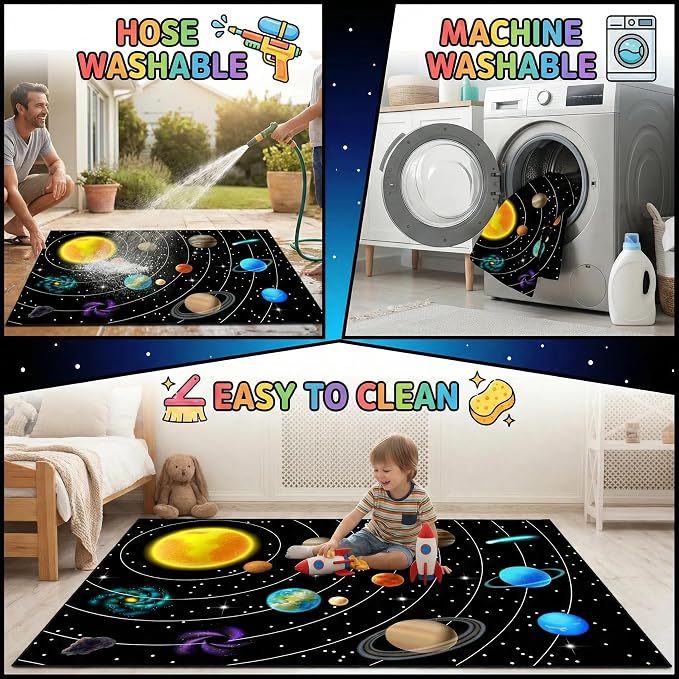 Outer Space Rug for Boys Room,3'×5' Space Rug for Kids Bedroom with Solar System Theme,Educational Planet Carpet for Playroom and Classroom Decor