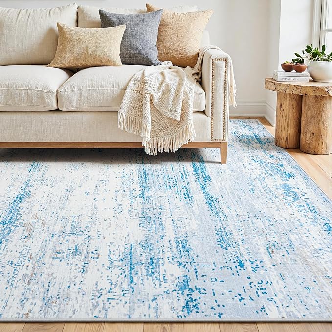 6x9 Area Rugs Washable Rug:Anti-Skid Abstract Modern Living Room Rug Soft Thin Carpets Indoor Floor Non-Shedding Carpet for Bedroom Dining Farmhouse Nursery Home Office(Light Blue/White/Beige, 6x9)