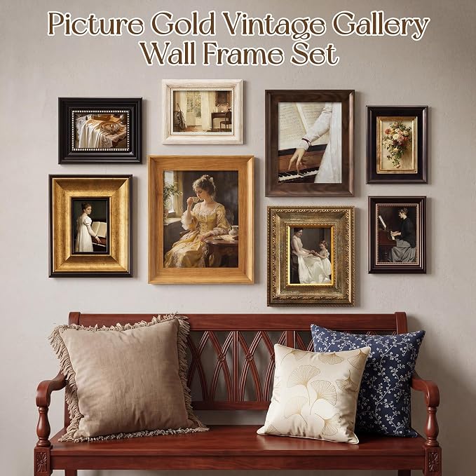 Lineshading 8 Pcs Picture Vintage Gallery Wall Frame Set Antique Picture Frame Collage Including 8x10, 5x7, 4x6 Baroque Victorian for Wall Tabletop Display Ornate Country for Bedroom Living Room