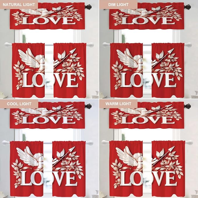 Shrahala Cupid Love Blackout Curtain Tiers, Romantic Love Kitchen Valance Light Blocking Tier Drapes with Rod Pocket, 2 Pack 26 X 36 in