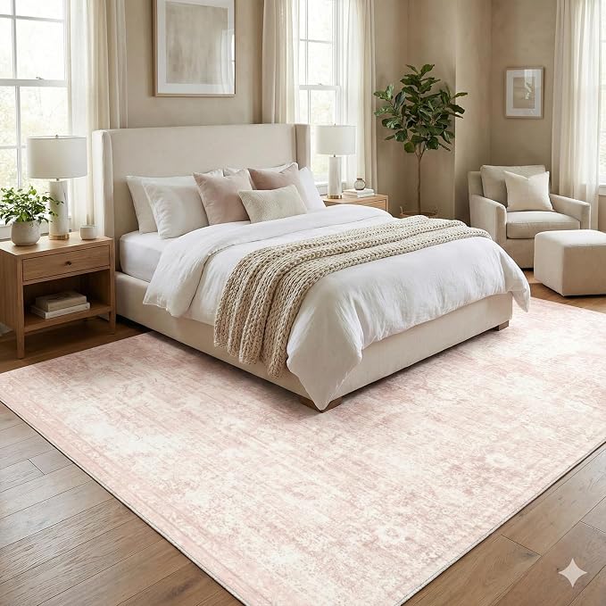 Homemate Washable Rug 5x7 Area Rugs - Vintage Faux Wool Rugs for Living Room Bedroom Dining Room - Non Slip Foldable Carpet Indoor Area Rug for Home Decor(5'x7', Pink