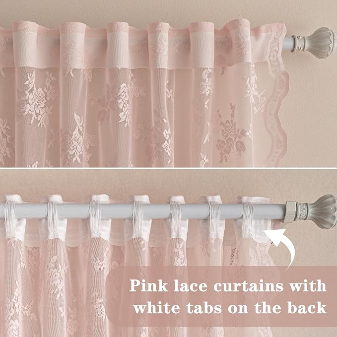 MEETSKY Pink Lace Curtains 84 Inch Long, Sheer Pink Curtain for Girls Room, Floral Patterned Vintage Light Filtering Curtains for Bedroom Princess Room, Lace Drapes 2 Panels, Each Panel 50W x 84L