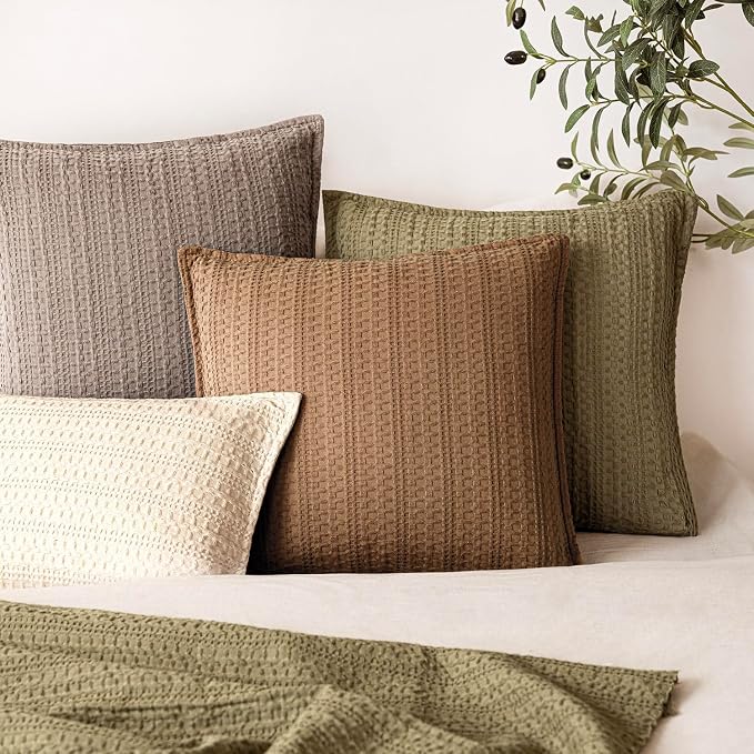 Foindtower Set of 2 Decorative Cotton Waffle Weave Throw Pillow Covers Euro Shams Cushion Covers Accent European Pillowcase for Bed Couch Sofa Bedroom Living Room Home Decor 22×22 Inch Orange Brown