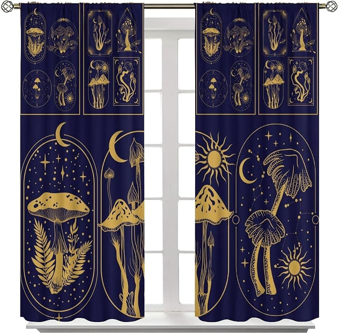 Mushroom Curtains,Boho Style Mystical Plant Sun Moon Print Window Treatments for Bedroom Living Room Kitchen Purple Herbs Window Drapes 2 Panels Set,Total Size 55 x 63 Inch
