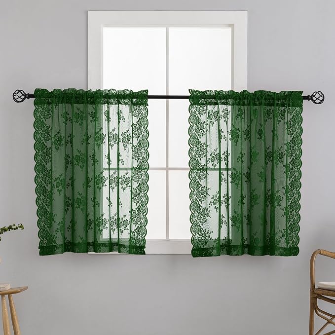 36 Inch Length Emerald Green Sheer Curtains Short 2 Panels Set Country Rustic Floral Hunter Green Lace Kitchen Window Curtains Over Sink, Rod Pocket Privacy Forest Green Lace Café Curtain, 42x36 Inch