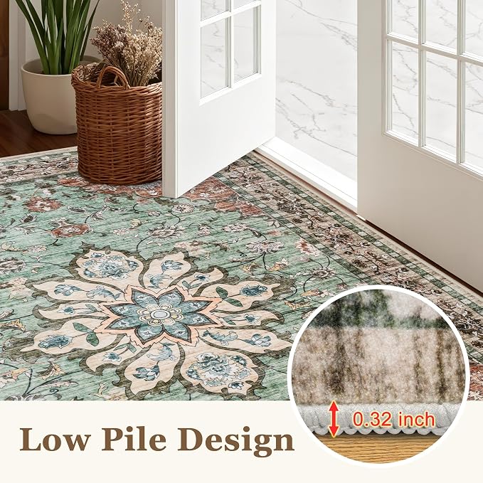 3x5 Area Rugs Living Room Rug: Washable Vintage Distressed Floral Rug No Slip Stain Resistant Soft Carpet Indoor Floor Large Carpets for Bedroom Dining Room Farmhouse Nursery Home Office Brown Green
