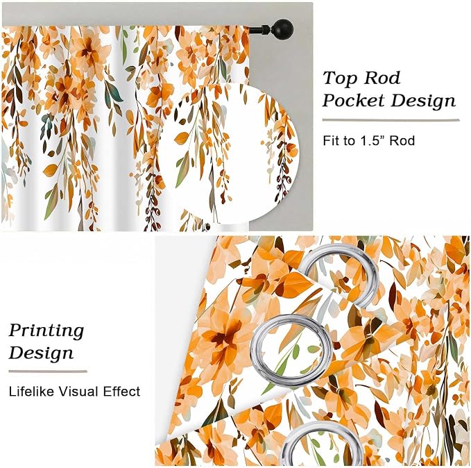 Orange Watercolor Floral Curtains, Botanical Leaves Vine Flowers Curtain, Rustic Farmhouse Flower Leaf Blackout Window Treatment Drapes for Bedroom Living Room 42x90 inch, 2 Panels