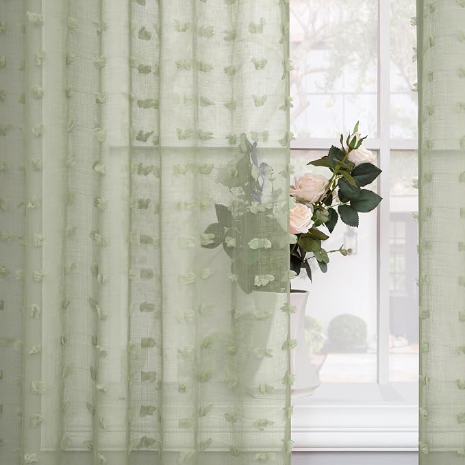 Sage Sheer Sheer Curtains 90 Inch Length 2 Panels Set for Living Room Back Tab Boho Farmhouse Pompom Drapes Floral Sheer Green Curtain for Bedroom Dining Room Lightweight Cottage French Country Rustic