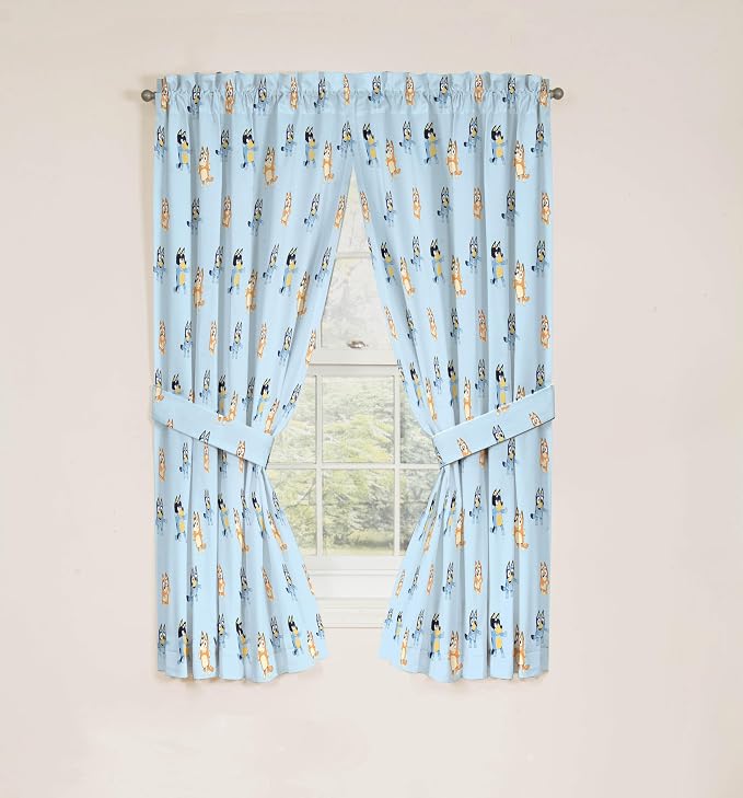Jay Franco Window Curtains for Kids Bedroom 4-Piece Drape Set with 2 Tiebacks, Blue - Bluey & Bingo, 42" W x 63" L (Pack of 2)