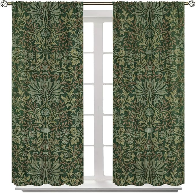 Bohemia Art Blackout Window Curtains, William Morris Original Design Green Garden Vintage Curtains, for Living Room Bedroom 31.5(W)*72(L) 2 Panels
