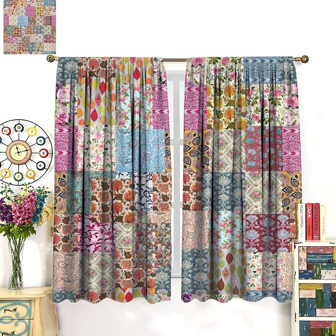 Boho Patchwork Curtains Farmhouse Patchwork Quilted Country Check Plaid Print Window Drapes for Bedroom Living Room Kitchen Cafe (W20xL45 Inch) x2 Decor