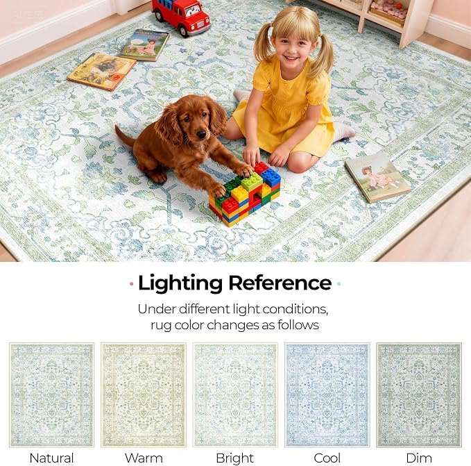 CAPALOCA Machine Washable Rugs Nursery Rug 2x3 Cute Girl Non Slip Low Pile Water Repellent Soft Print Pattern for Bedroom Indoor Decor Kids Playroom Green Blue