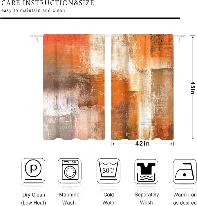 MESHELLY Abstract Burnt Orange Curtains 42Wx45H Inch Rod Pocket Gray Rust Brown Bedroom Window Drapes Watercolor Grey Oil Painting Farm Retro Modern Aesthetic Printed Living Room Window Treatment