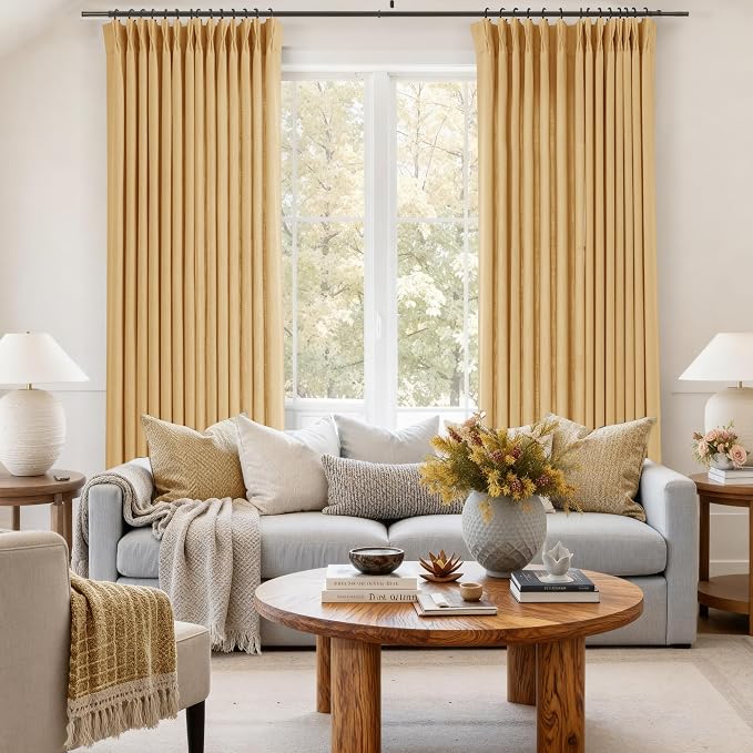 Pinch Pleated Mustard Yellow Linen Curtains 84 inches Long for Living Room 2 Panel Set Light Fitering Semi Sheer Yellow Window Curtain Pleat with Hooks Rustic Farmhouse Bedroom Drapes Length 84"