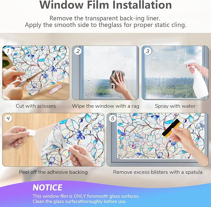 NINETREX Window Privacy Film, Rainbow Stained Glass Window Film, Static Cling Heat Control UV Blocking, Decorative for Home, Bathroom, Glass Door and Car, Renter-Friendly, Blue 17.5 x 78.7 inches