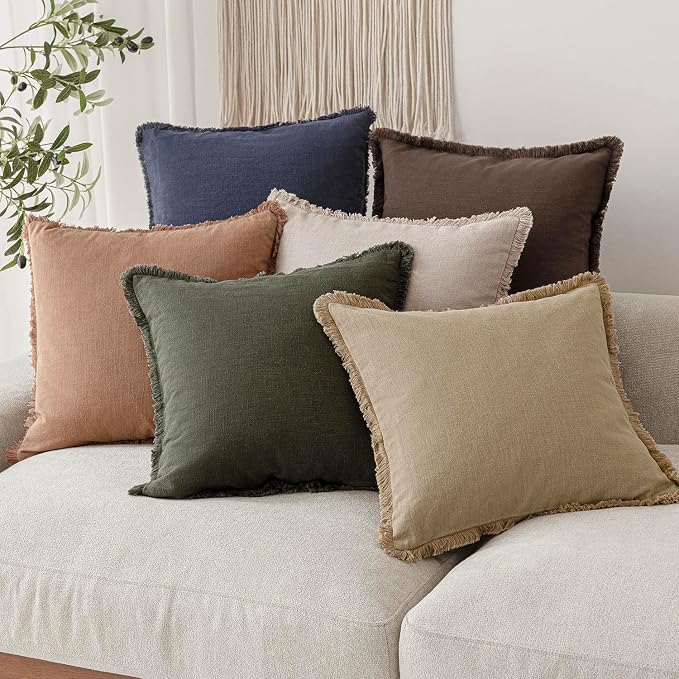 Foindtower Set of 2 Decorative Linen Fringe Throw Pillow Covers Boho Farmhouse Cushion Cover with Tassels Soft Accent Pillowcase for Couch Sofa Bed Living Room Home Decor,18×18 Inch,Reddish Brown