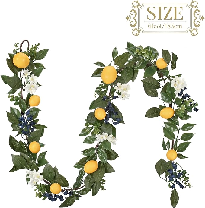 Valery Madelyn 6ft Artificial Lemon Garland for Mantel Summer Decor(Thin) | Faux Lemons Eucalyptus & Blueberry Summer Garland with Lights for Stairs Table Fireplace Farmhouse Kitchen Home Decor