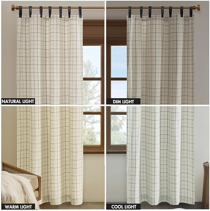 Madison Park Anaheim Cabin Plaid Curtain Window, Thermal Insulated Fleece Lining, Living Room Decor Room Darkening Drape for Bedroom, 1-Single Panel Pack, 50x108 Faux Leather Tab Top, Natural
