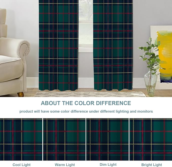 Shrahala Tartan Plaid Blackout Window Curtains, Green Scottish Fabric Kilt Twill Woven Thermal Insulated Curtains Grommet Top Window Drapes for Living Room, Bedroom (2 Panels,52 x 84 in)