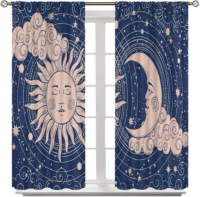 Sun Moon Blackout Windows Curtains, Boho Celestial Bodies Gold Sun Moon and Stars Pattern Window Drapes, for Living Room Bedroom 42x63in 2 Panels