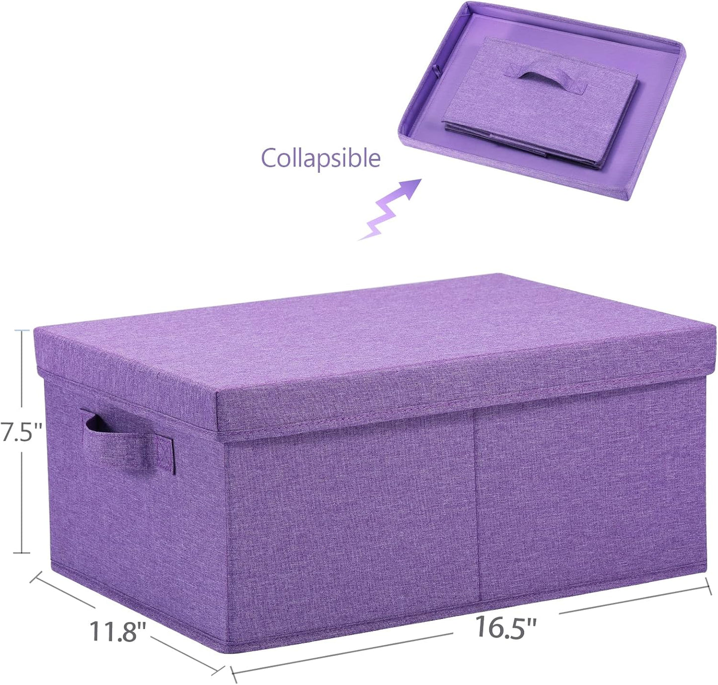 HOONEX Foldable Storage Bins with Lids, Pack of 2, Storage Boxes with 2 Carrying Handles and Sturdy Heavy Cardboard, 16.5" L x 11.8" W x 7.5" H for Shoes, Books, Clothes, Purple