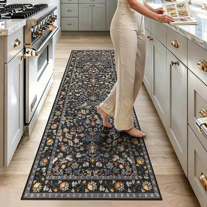 HEBE Washable Hallway Runner Rug 2'x 8' Non Slip Kitchen Rugs Runner, Low Pile Entryway Rug Laundry Room Mat Floral Carpet Runners for Hallways, Kitchen, Bathroom, Laundry, Bedside Rug